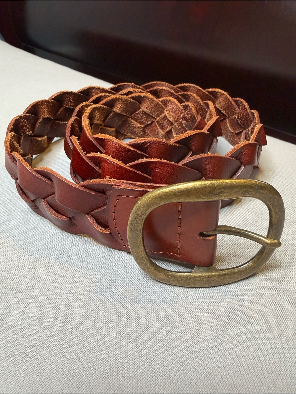 Vintage Elise M. Woven Leather Men's Belt with Antique Brass Buckle - Brown GUC